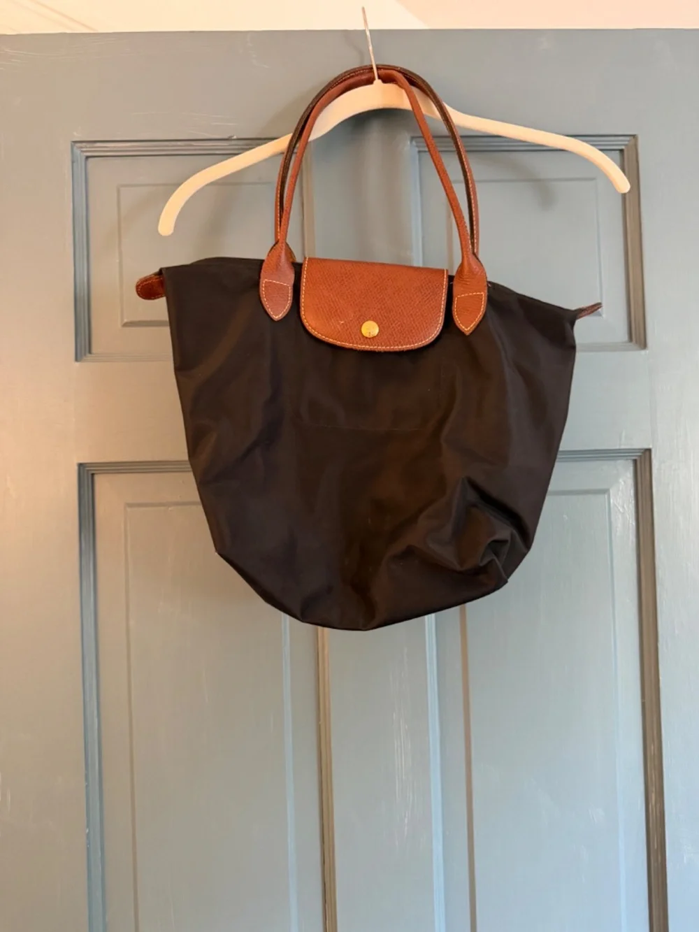Longchamp Le Pliage Black Nylon Brown Leather Shoulder Tote Bag